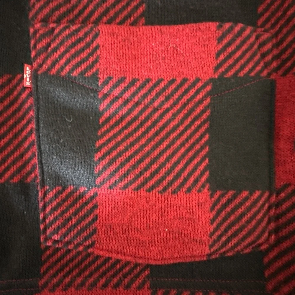 Levi's Buffalo Plaid Cardigan Mens L Red Black Excellent Shawl Collar Knit #927